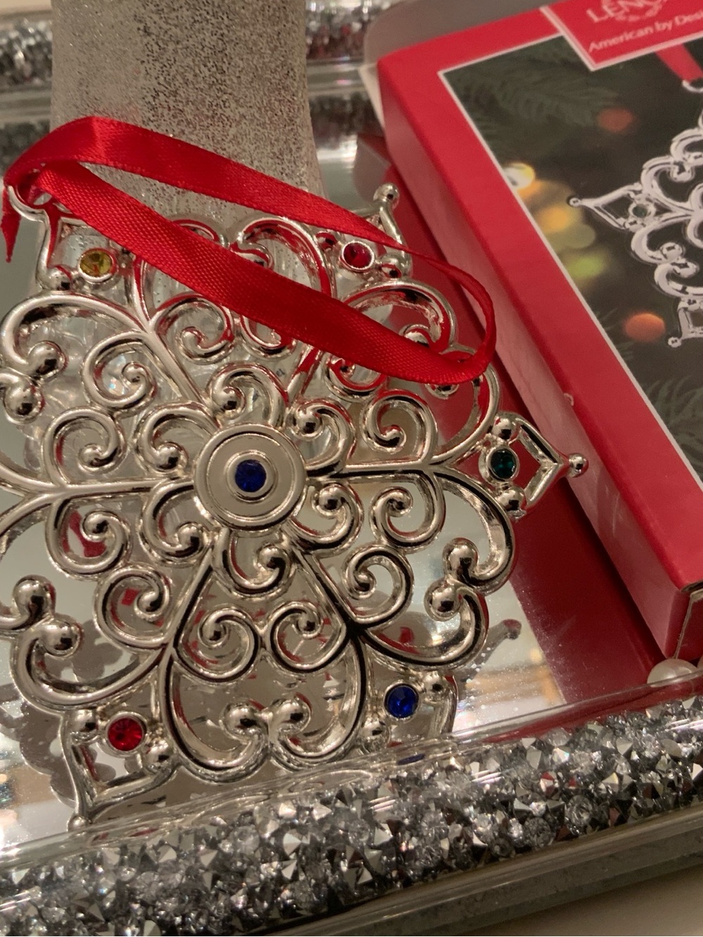 Silver Filigree Ornament Pendant with Red Ribbon Lenox new